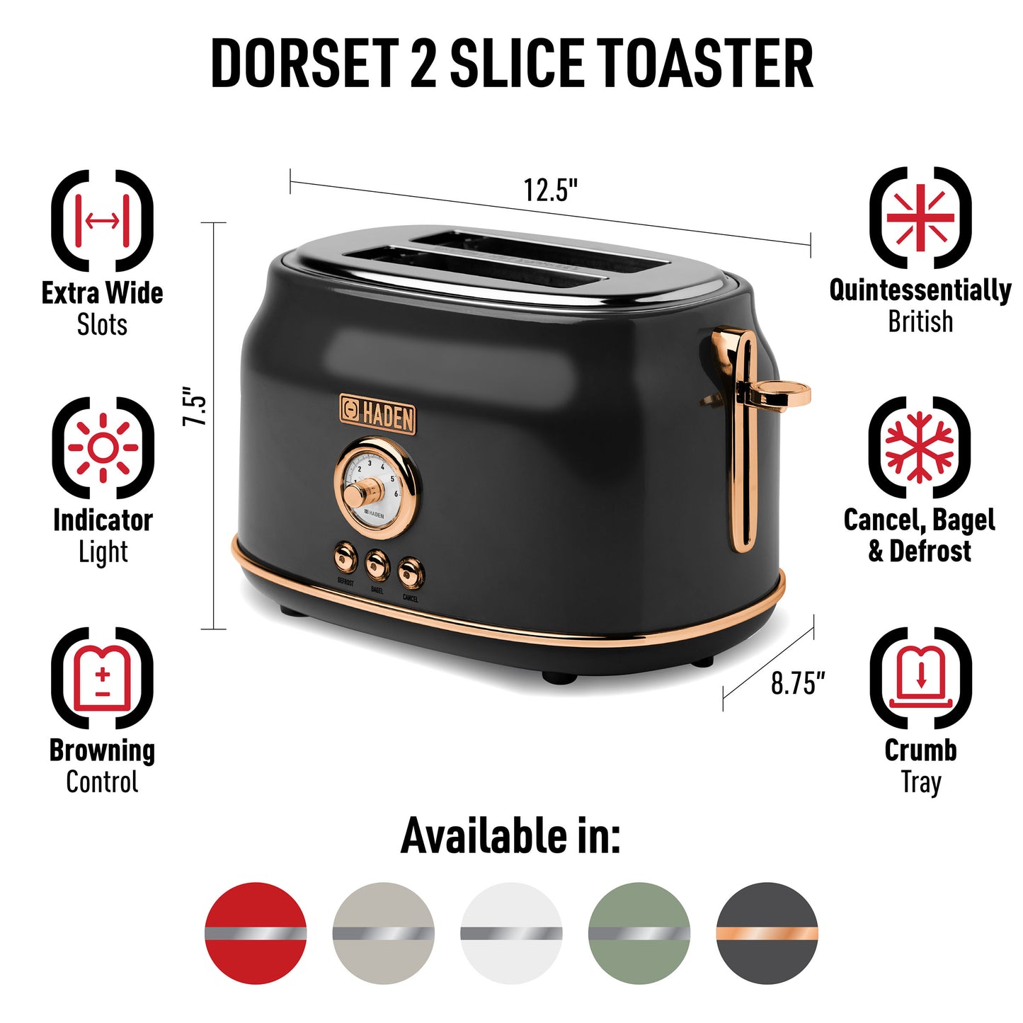 Dorset 2-Slice Toaster, Black & Copper - 75082