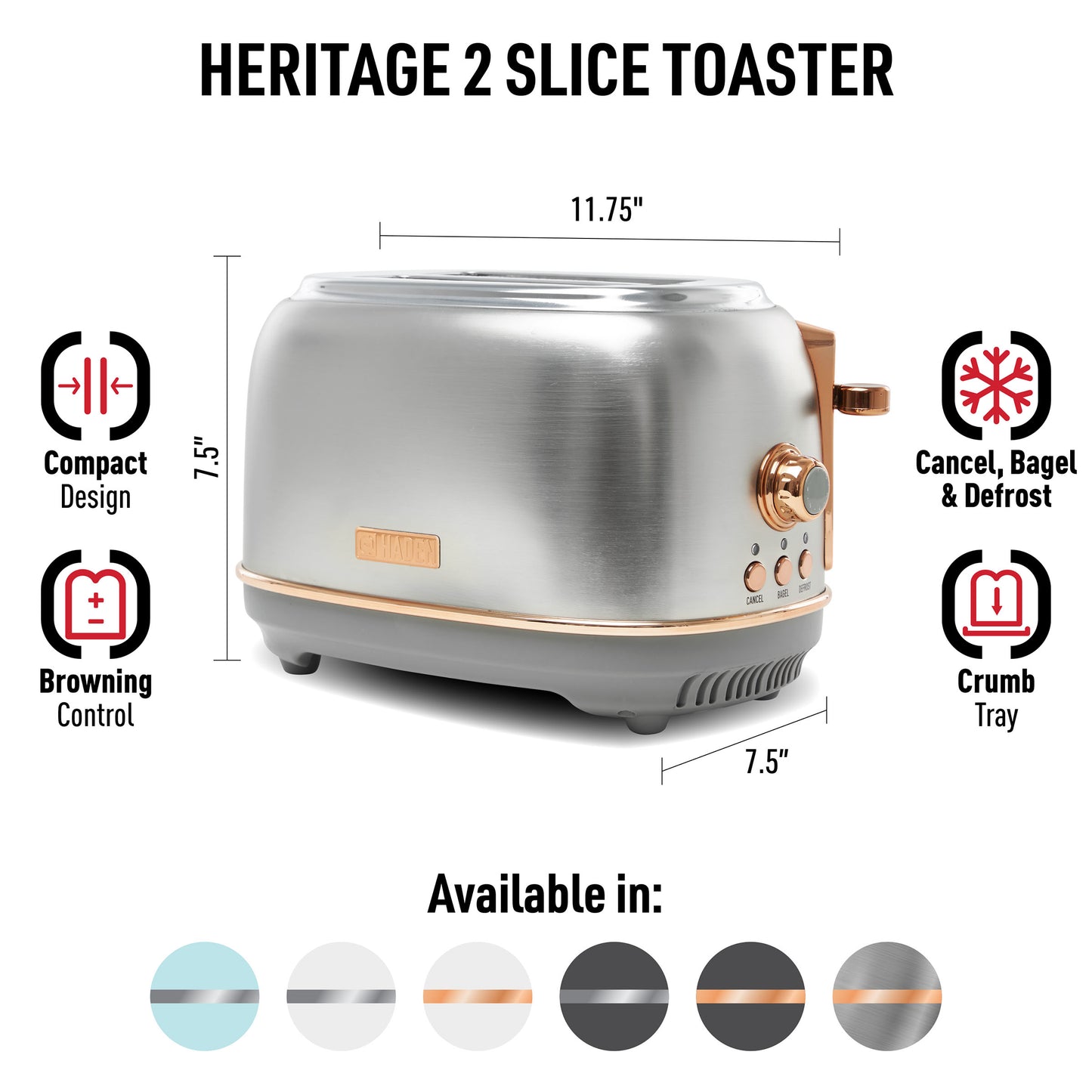 Heritage 2-Slice Toaster, Stainless Steel & Copper - 75105