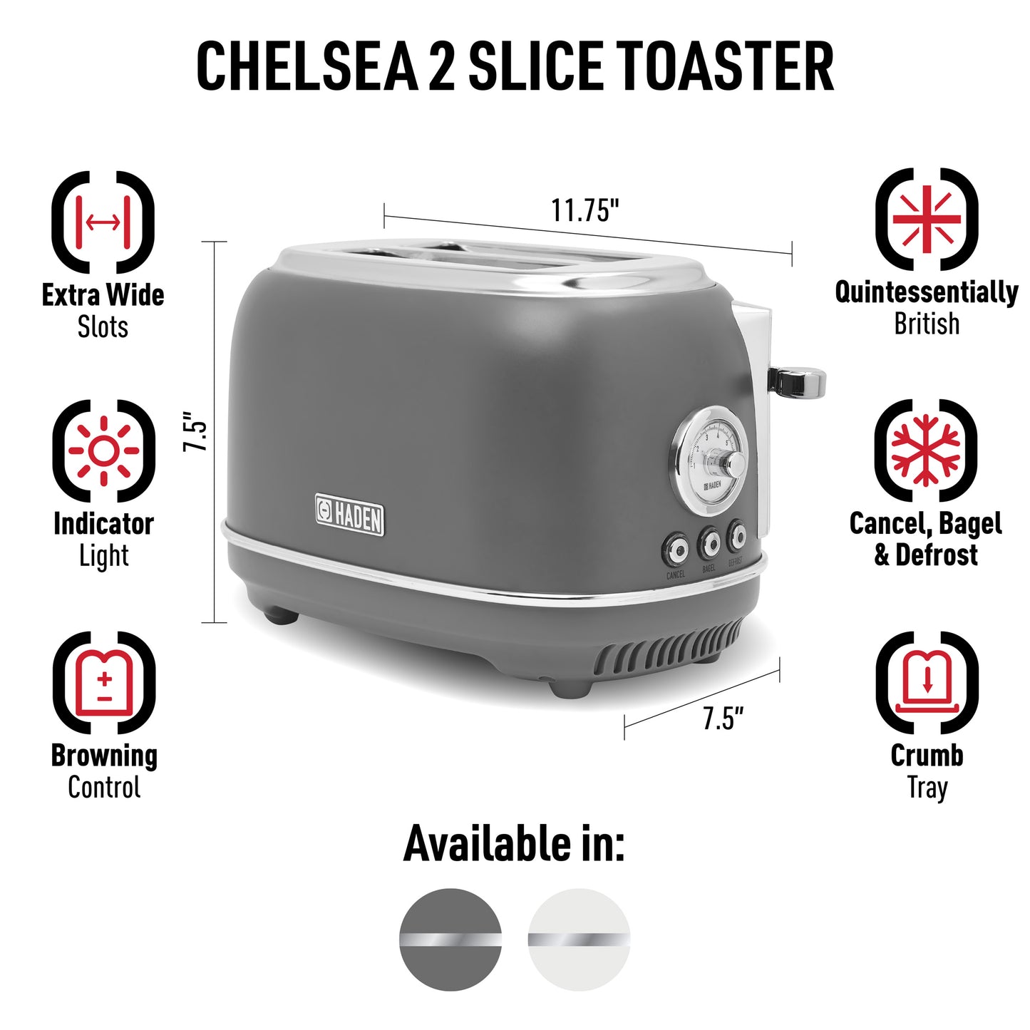 Chelsea 2-Slice Toaster, Grey & Chrome - 75162