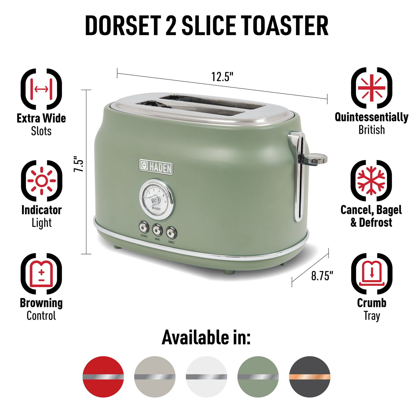 Dorset 2-Slice Toaster, Cedar Green & Chrome - 75172