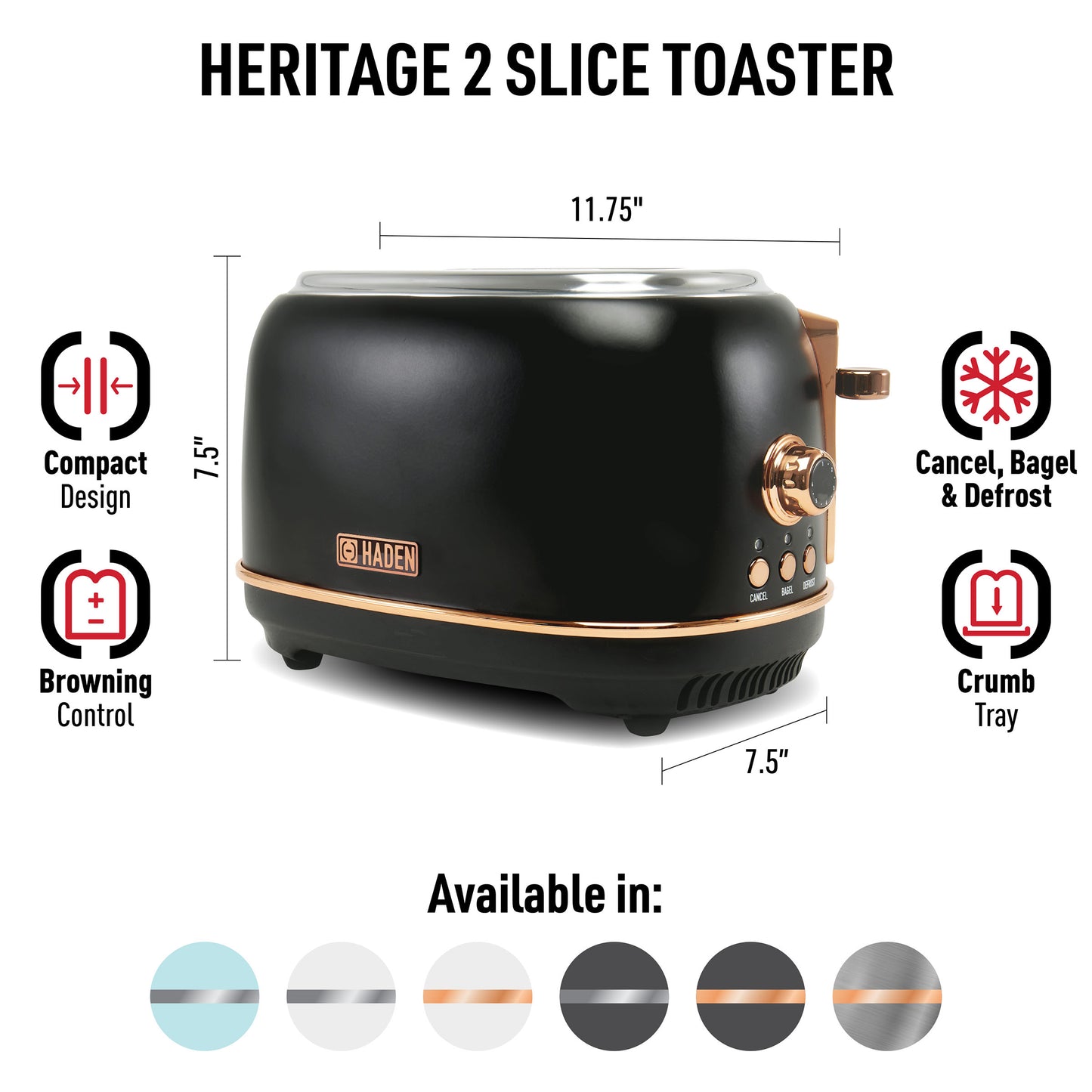 Heritage 2-Slice Toaster, Black & Copper - 75059