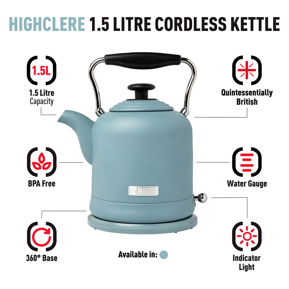 Haden Highclere 1.5-Liter Cordless Electric Kettle - Pool Blue